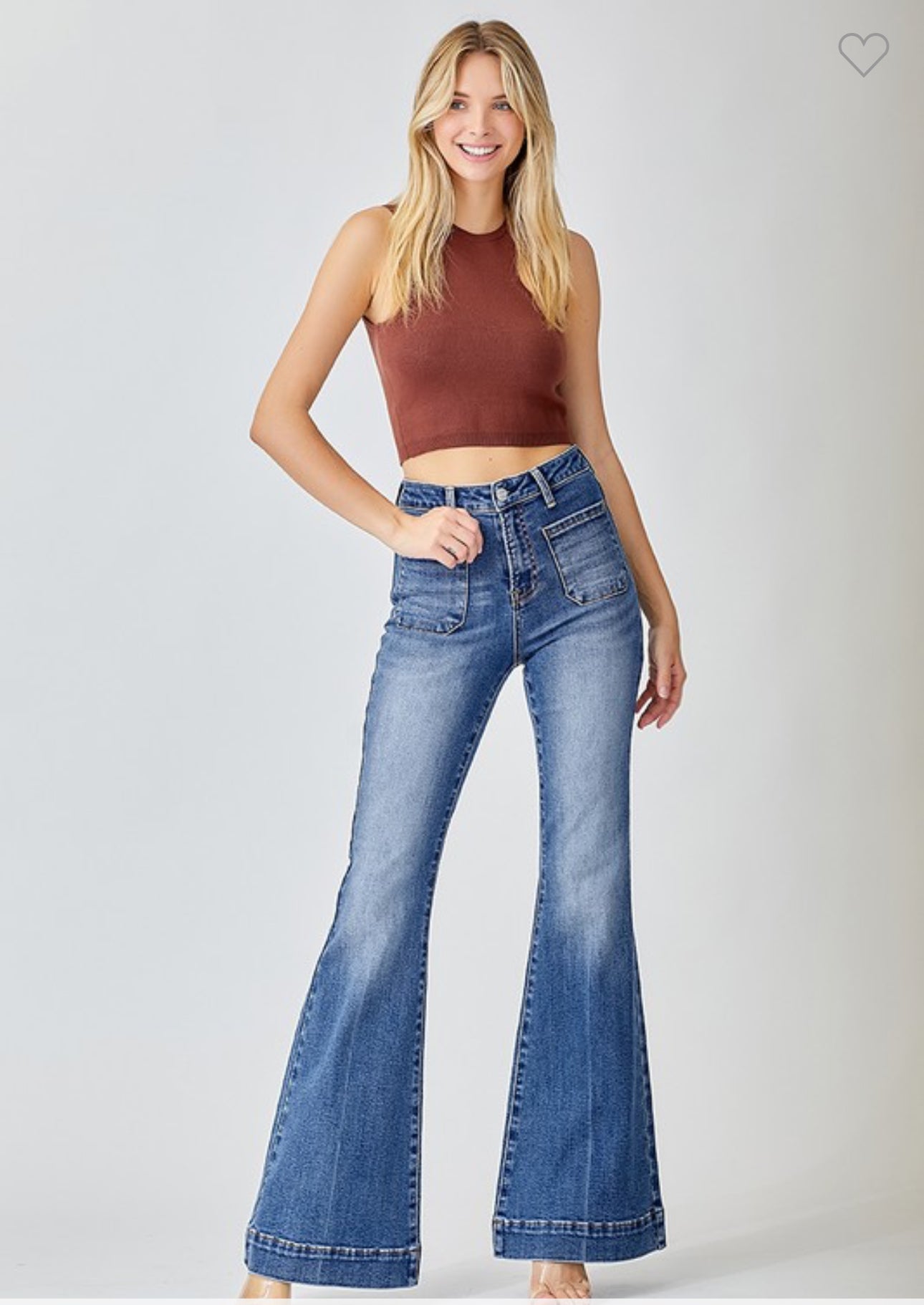 Risen High Rise Patch Pocket Denim Flare Jeans
