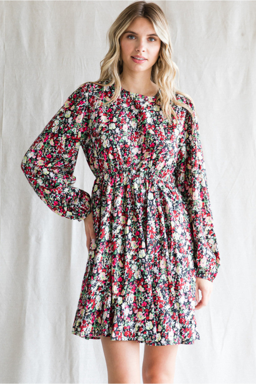 Rebecca Black & Red Floral Open Back Flowy Long Sleeve Mini Dress