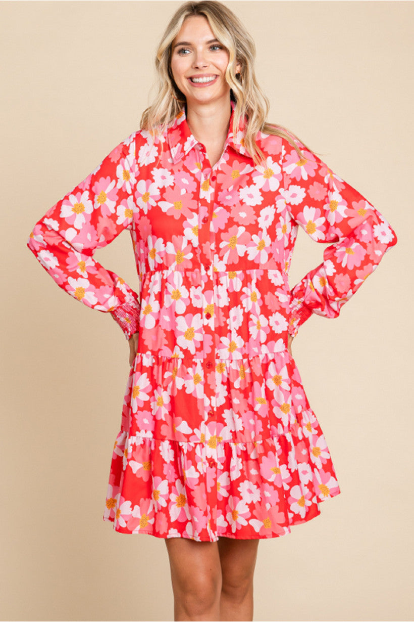 Chelsey Pink Floral Collar Neck Button Up Long Sleeve Dress