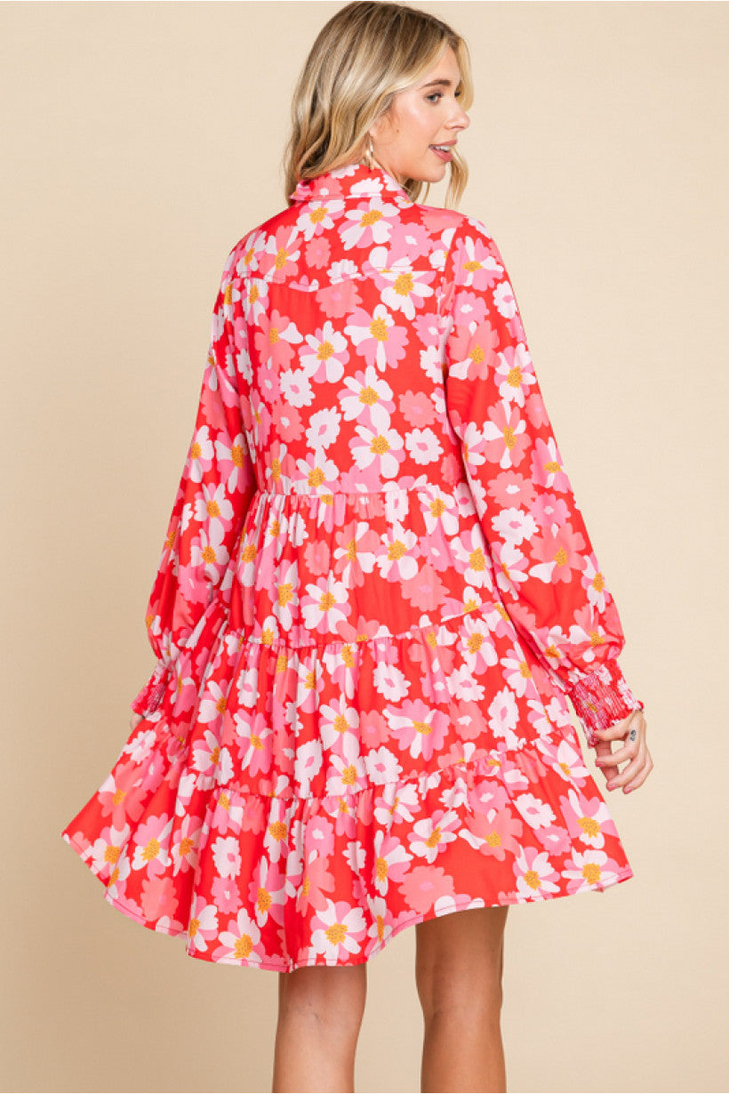 Chelsey Pink Floral Collar Neck Button Up Long Sleeve Dress