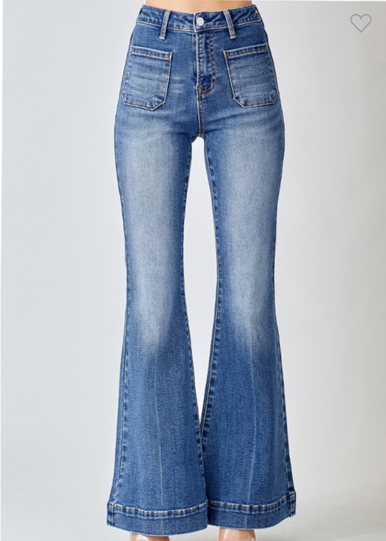 Risen High Rise Patch Pocket Denim Flare Jeans