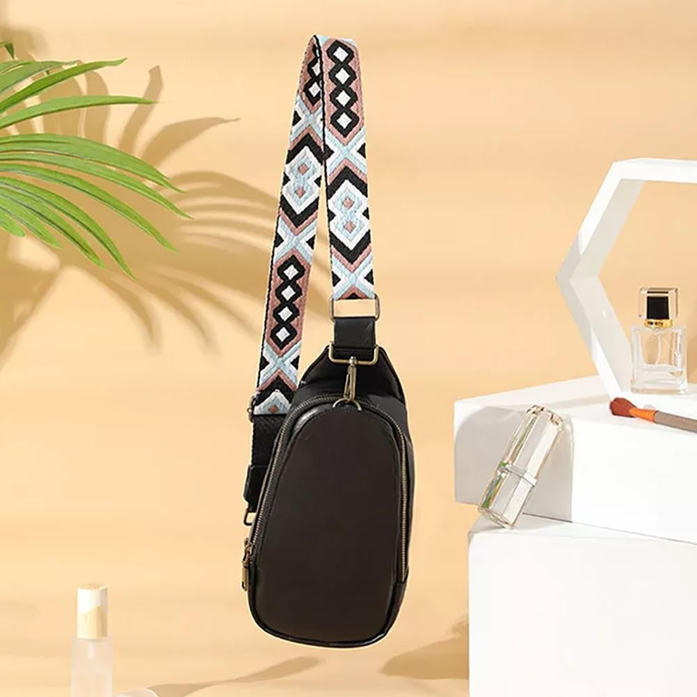 Black/Brown Vegan Leather Sling Bag With Adjustable Guitar Strap Crossbody Purse