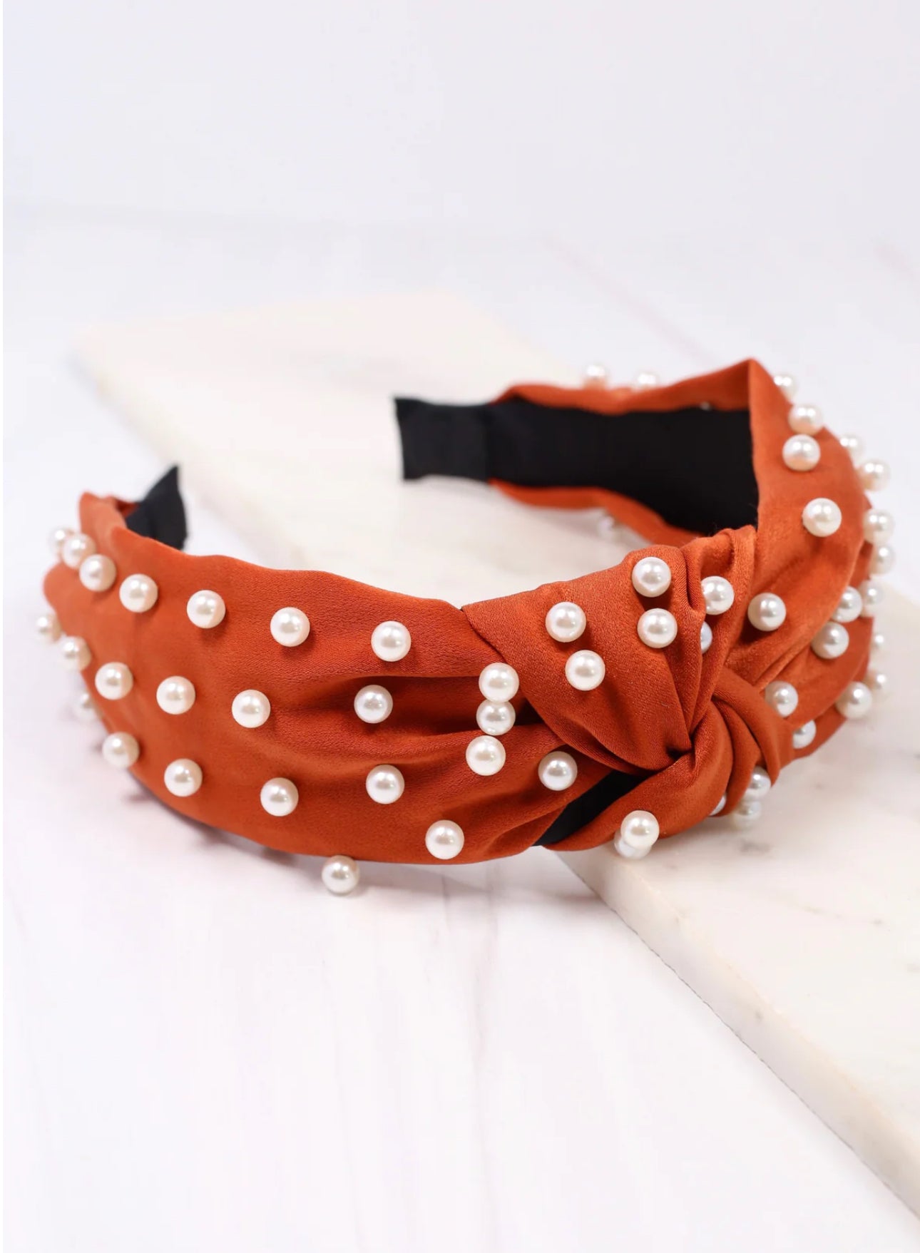 Maddie Rust Orange Pearl Embellished Satin Headband