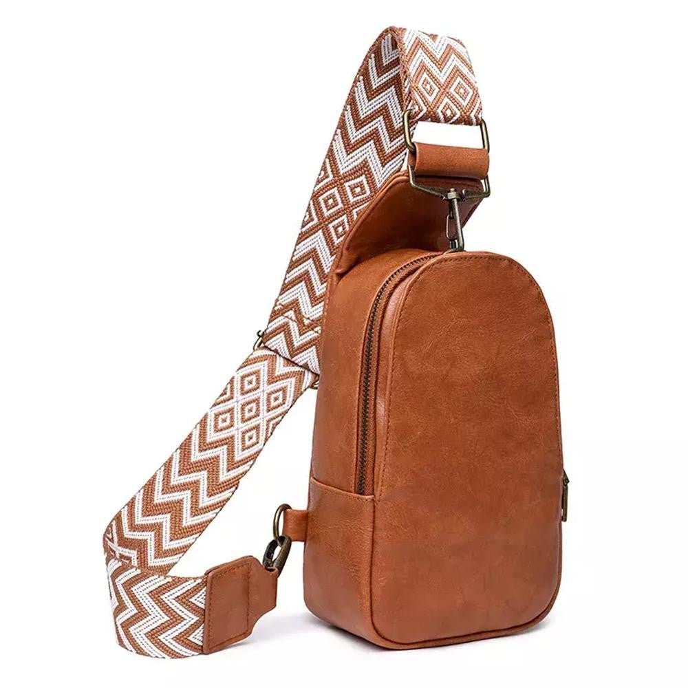 Black/Brown Vegan Leather Sling Bag With Adjustable Guitar Strap Crossbody Purse