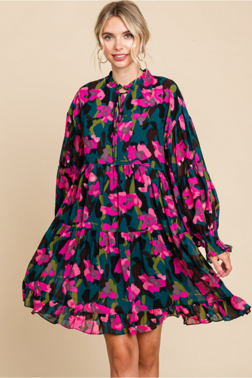 Leslie Hot Pink Floral Chiffon with Frilled Self-tie Neck Long Sleeve Dress