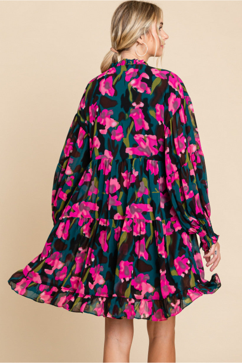 Leslie Hot Pink Floral Chiffon with Frilled Self-tie Neck Long Sleeve Dress