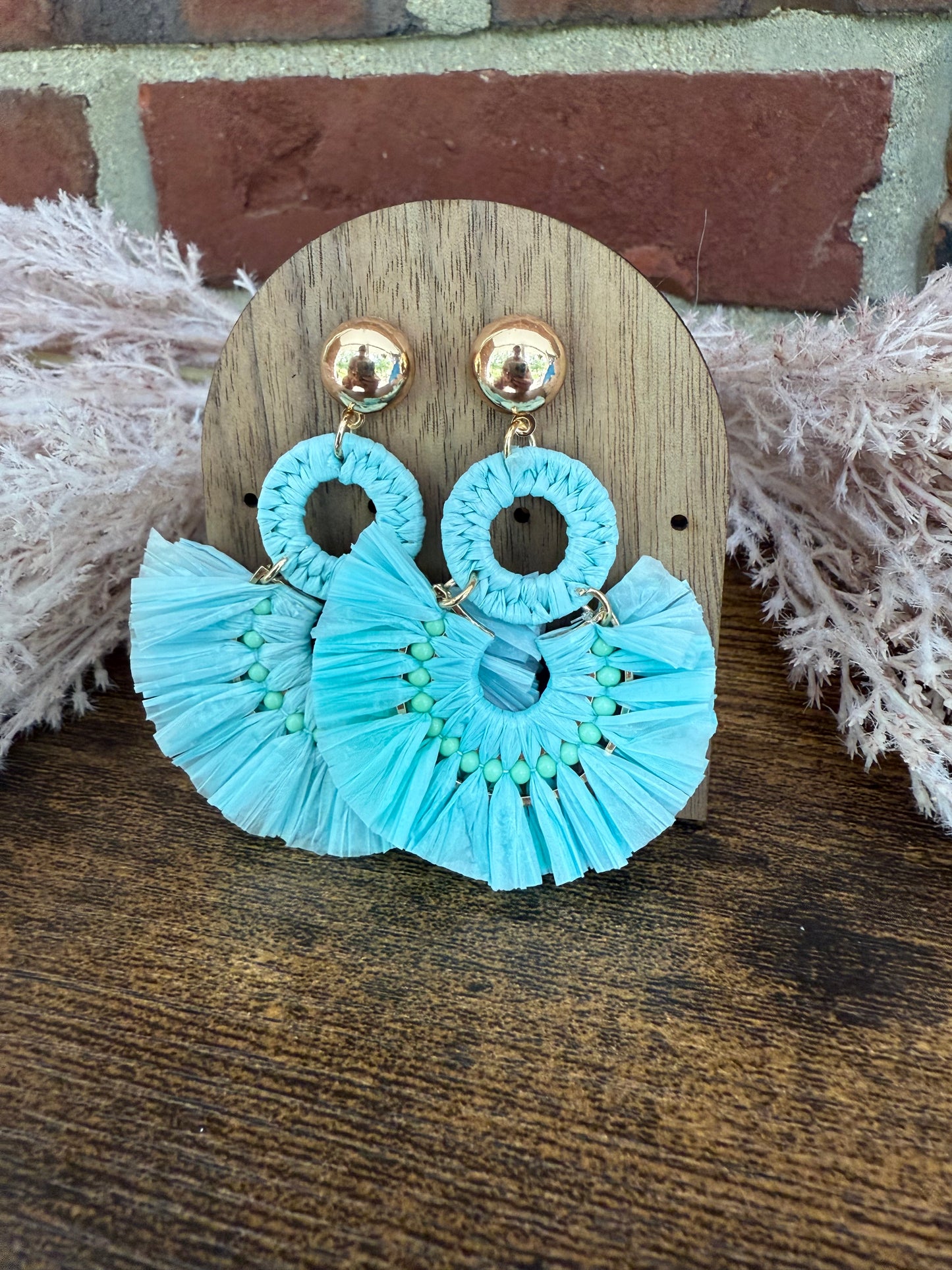 Green Fanned Raffia Post Drop Earrings