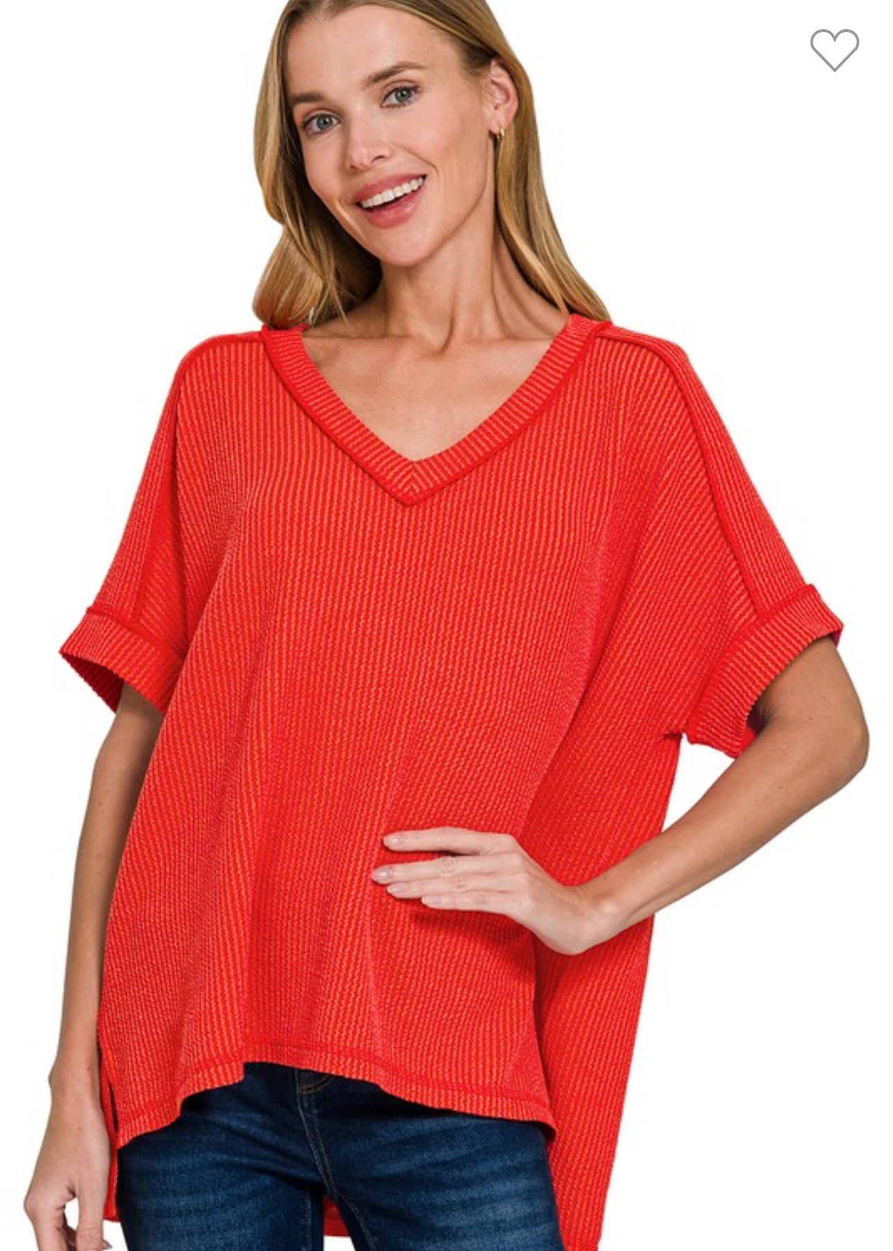 Tomato Red Corded Ribbed Short Sleeve Top