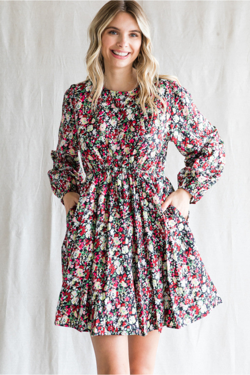 Rebecca Black & Red Floral Open Back Flowy Long Sleeve Mini Dress