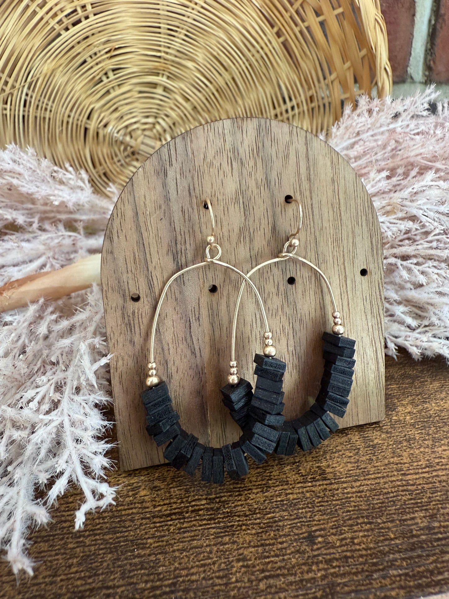 Black/Multi Square Wood Beaded Simple Wire Hoop Drop Earrings