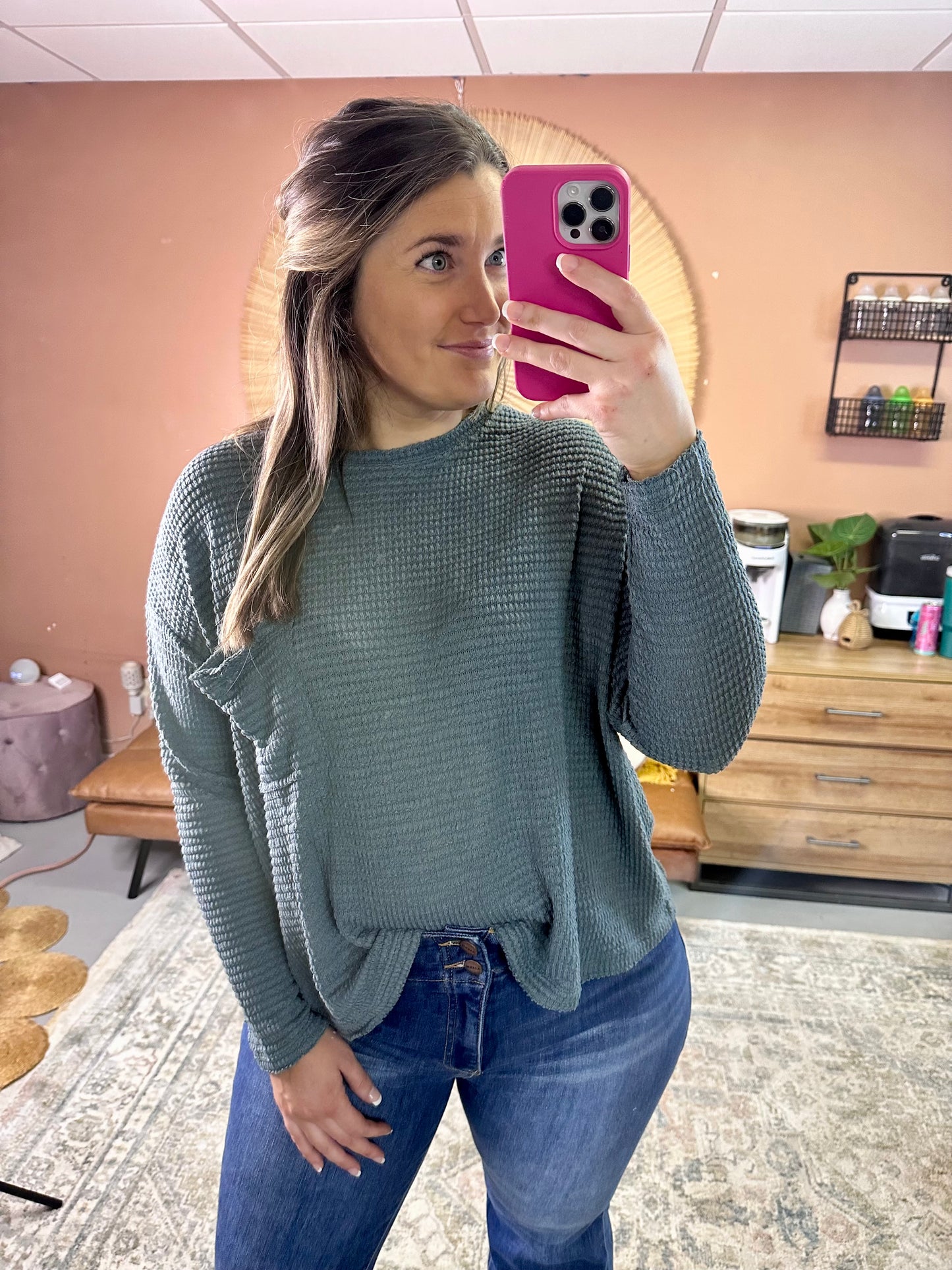 Ash Jade Boat Neck Jacquard Long Sleeve Top