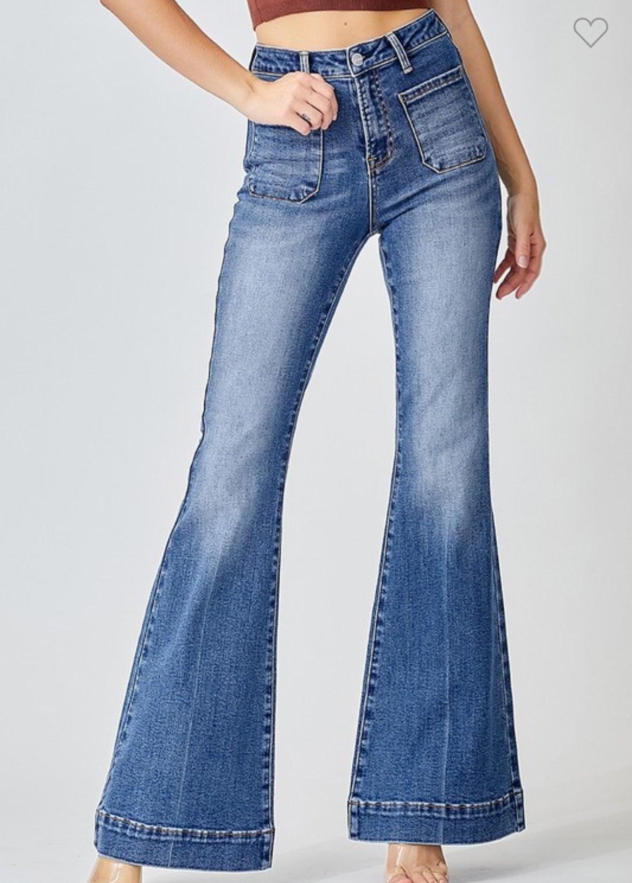 Risen High Rise Patch Pocket Denim Flare Jeans