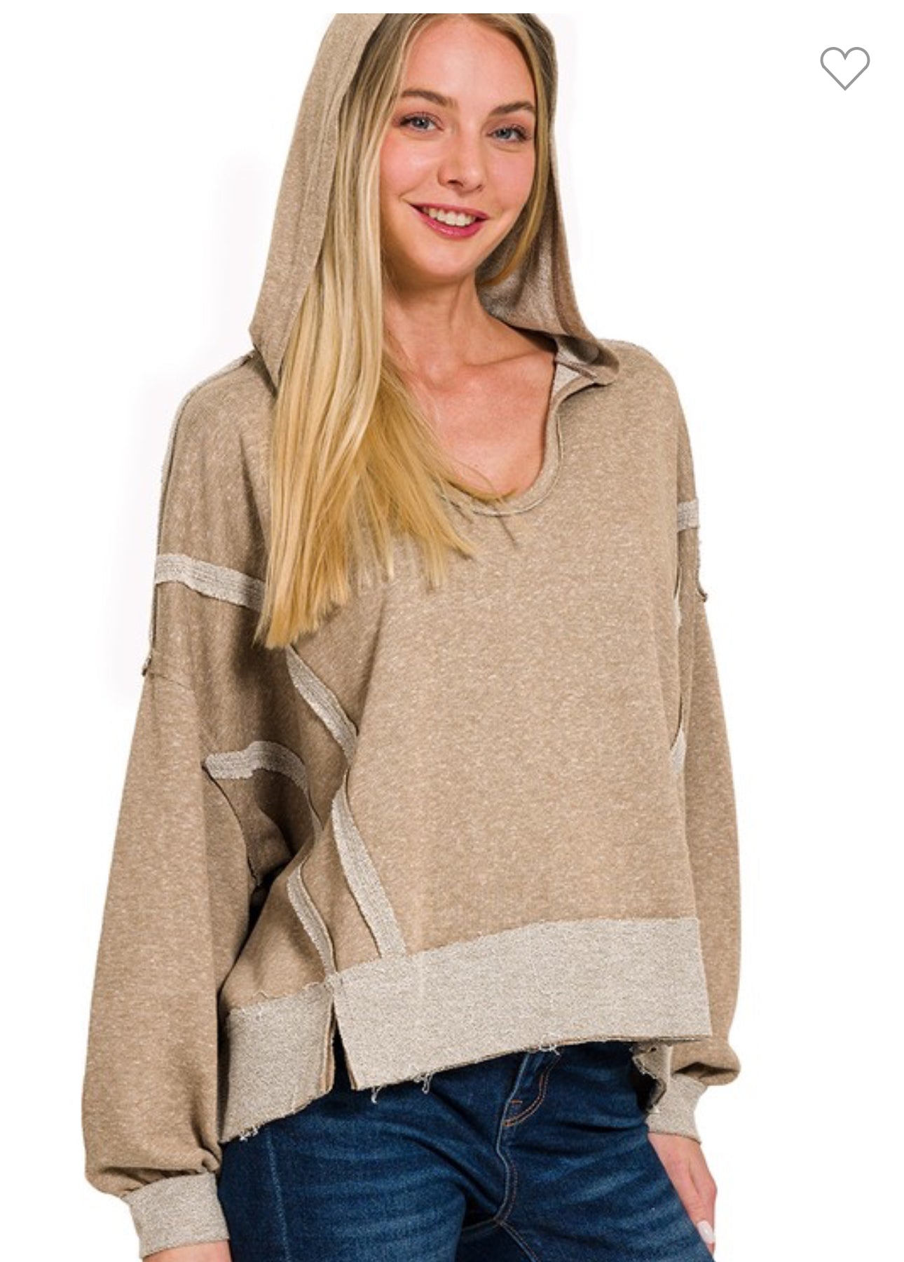 Mocha Brown Contrast Stitch Raw Hem Hoodie