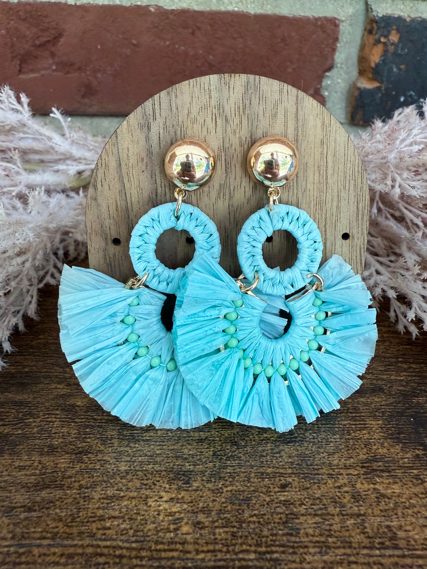 Green Fanned Raffia Post Drop Earrings