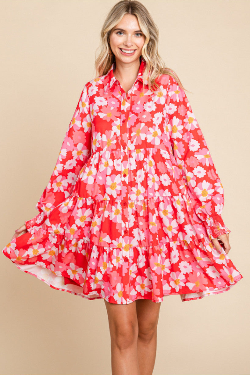 Chelsey Pink Floral Collar Neck Button Up Long Sleeve Dress
