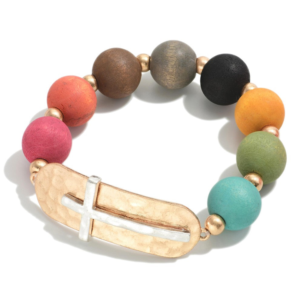 Multi Wood And Gold Tone Beads Featuring Hammered Cross Accent Bracelet