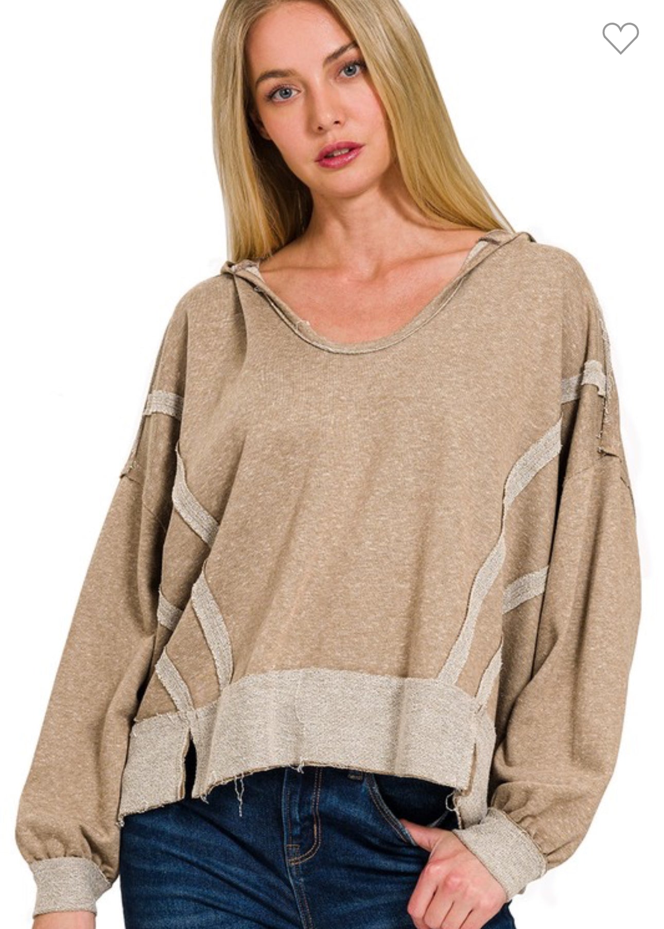 Mocha Brown Contrast Stitch Raw Hem Hoodie