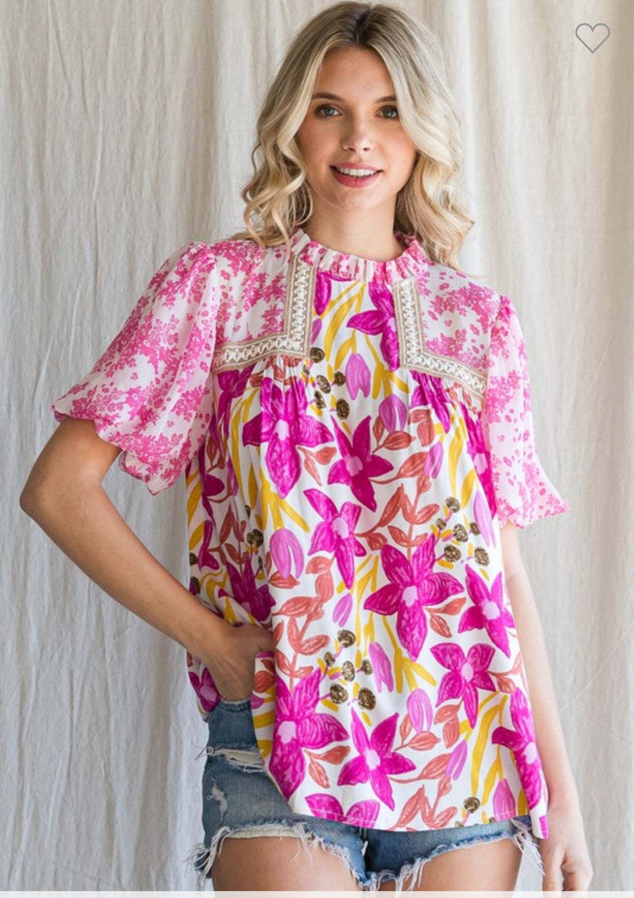 Bella Fuchsia Pink Floral Embroidered Yoke Top