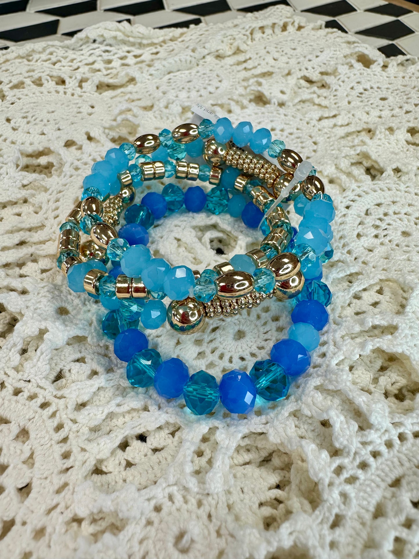 Bright Blue Faceted Glass Beads and Metal Tone Beaded Bracelets