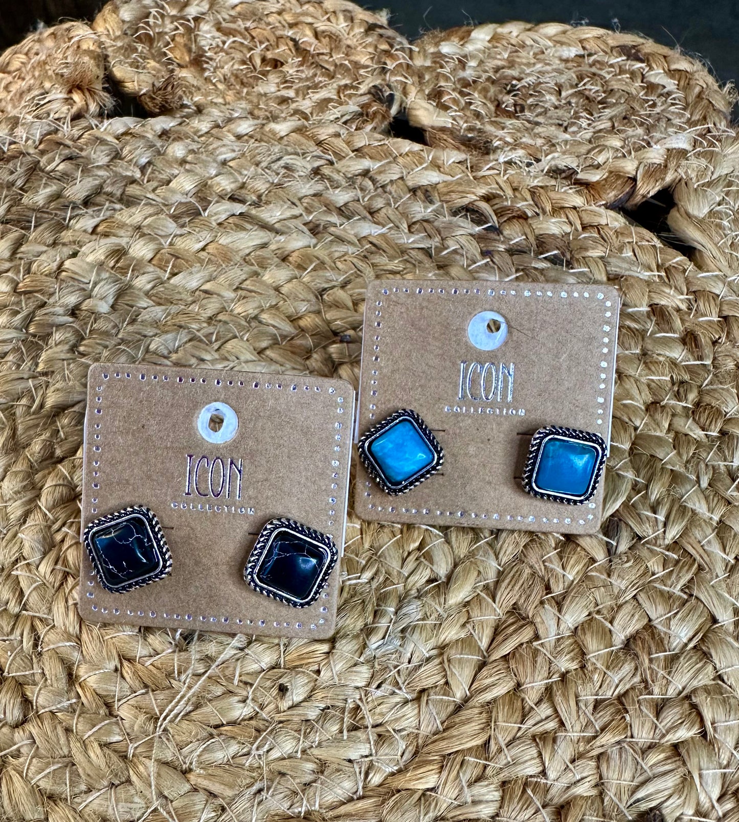 Cowboy Dreams Black/Turquoise Square Stone Stud Earrings With Textured Metal Border
