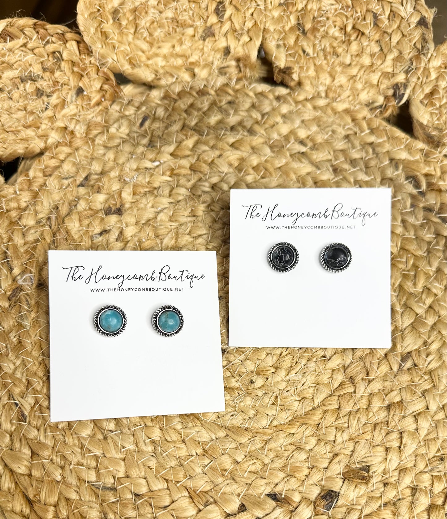 Quitting Time Black/Turquoise Western Textured Metal Border Stone Stud Earrings
