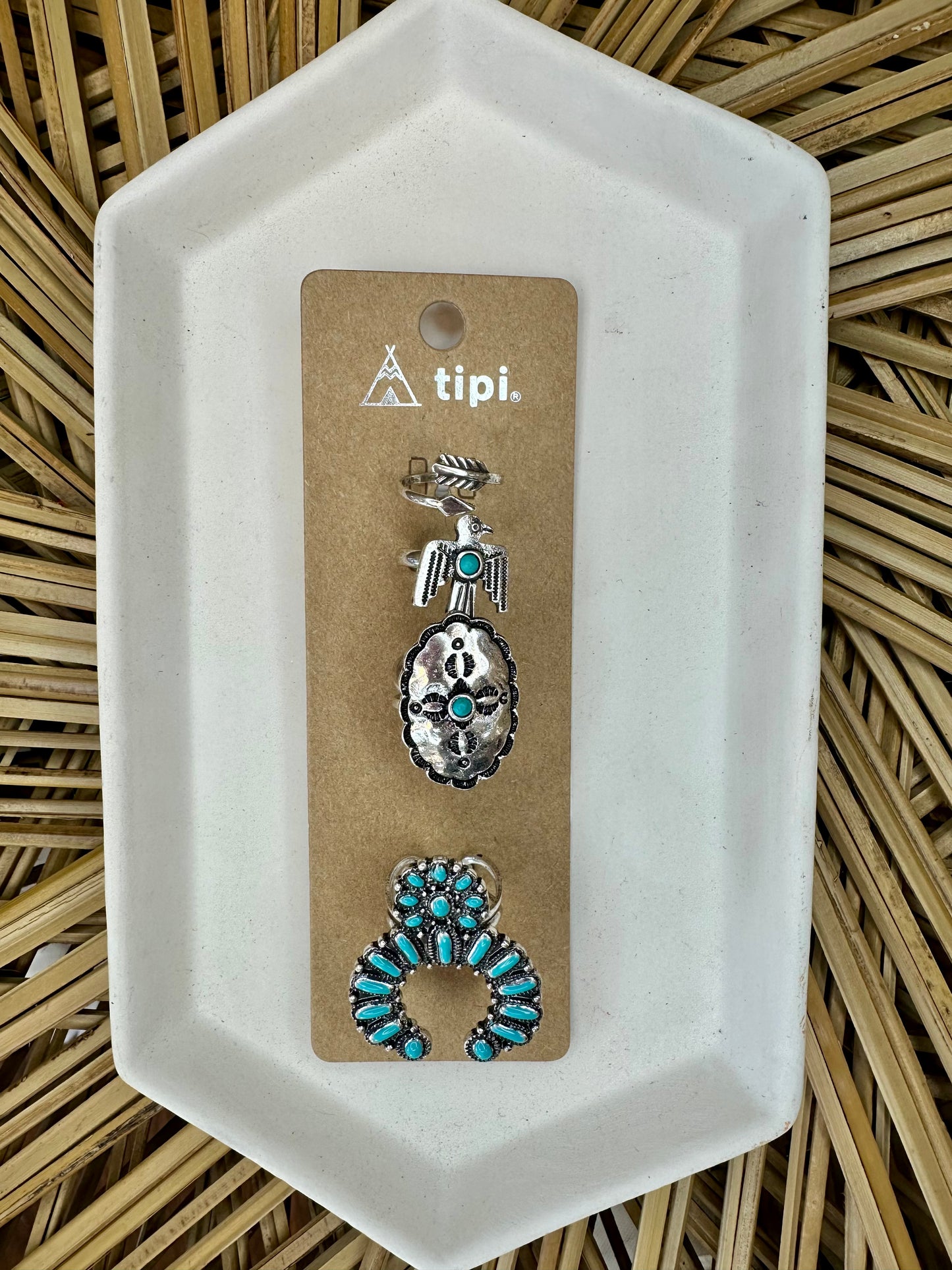 Blame It Turquoise Squash Blossom Thunderbird Arrow Cuff Ring Set