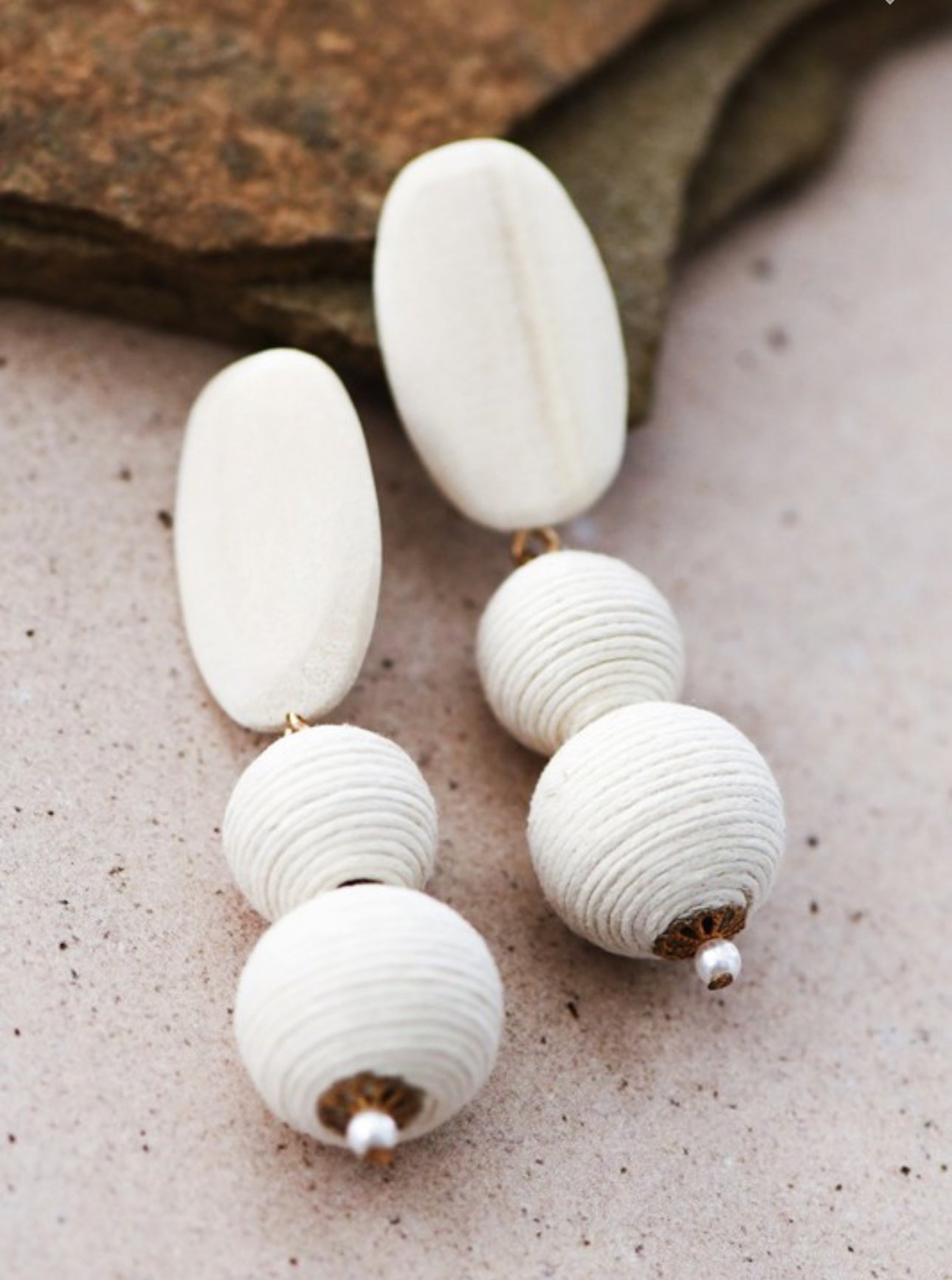 White Boho Wooden Dangle Threaded Earrings