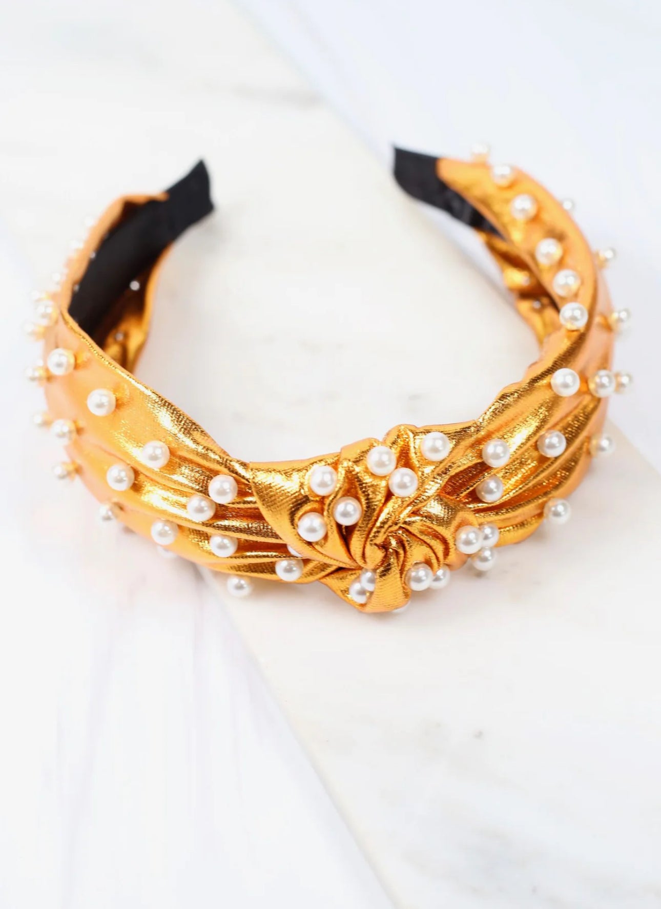 Abbie Metallic Orange Pearl Knotted Twist Headband