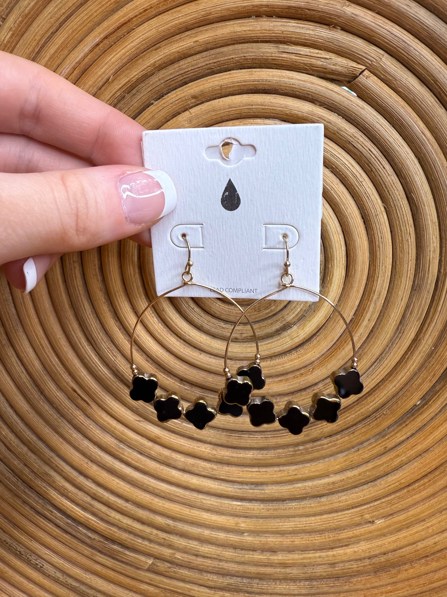 Black Glass Crystal Clover Beaded Loop Drop Earrings