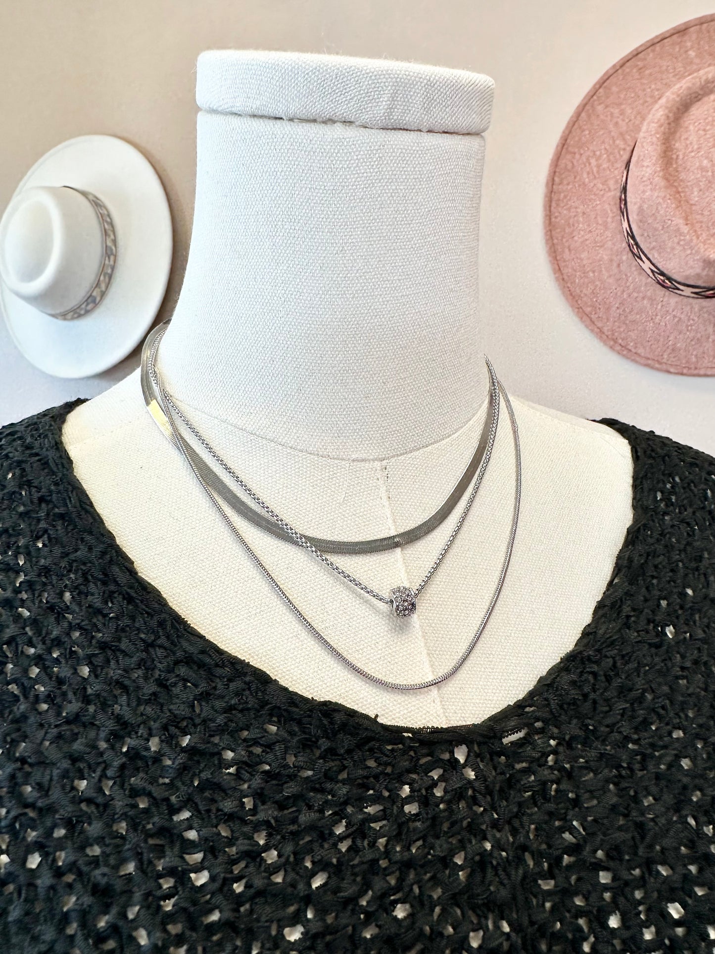 Silver/Gold Herringbone Chain, Snake Chain, & Rhinestone Studded Pendant Metal Tone Layered Chain Link Necklace Featuring