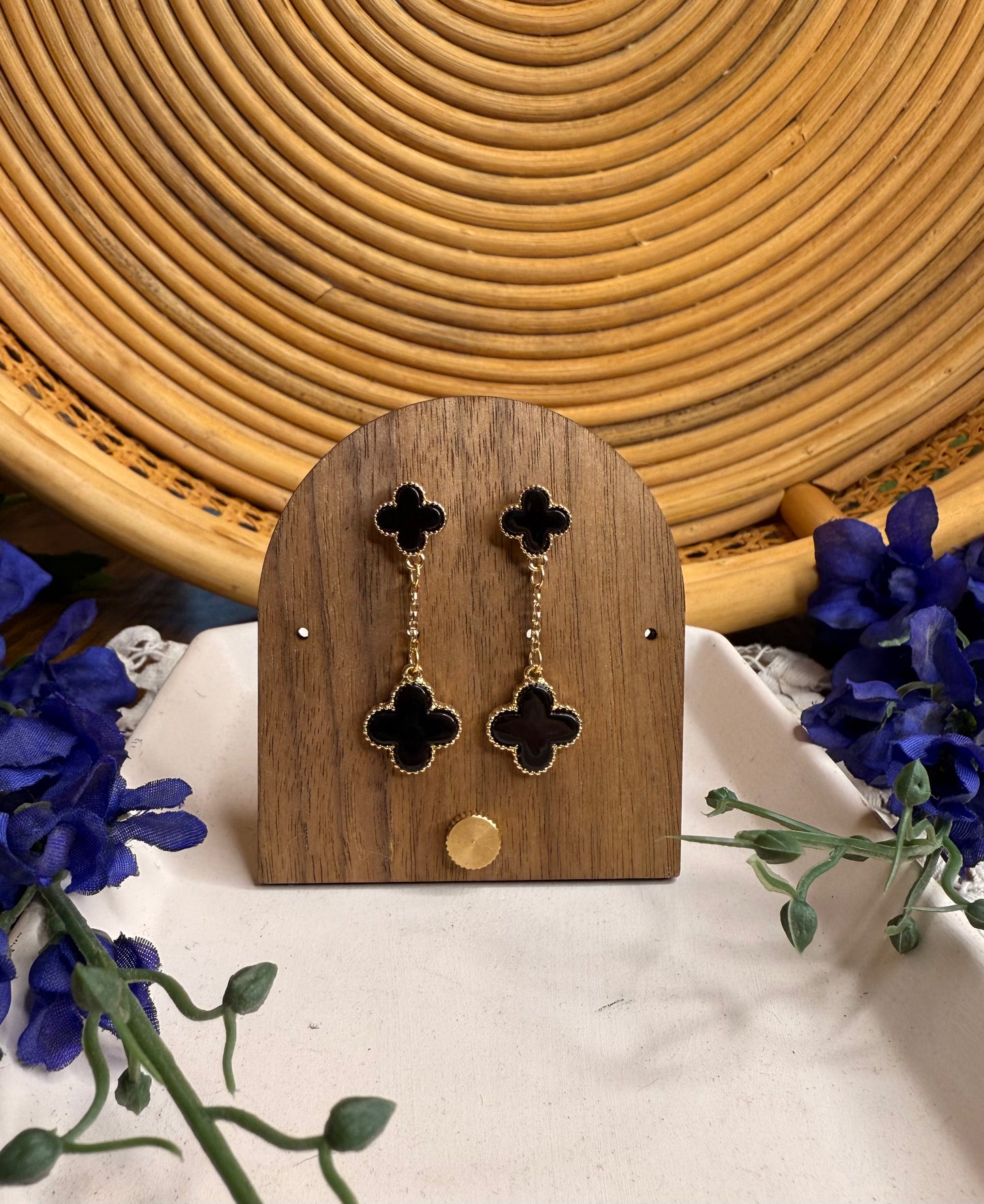 Black Chain Linked Clovers Post Drop Earrings