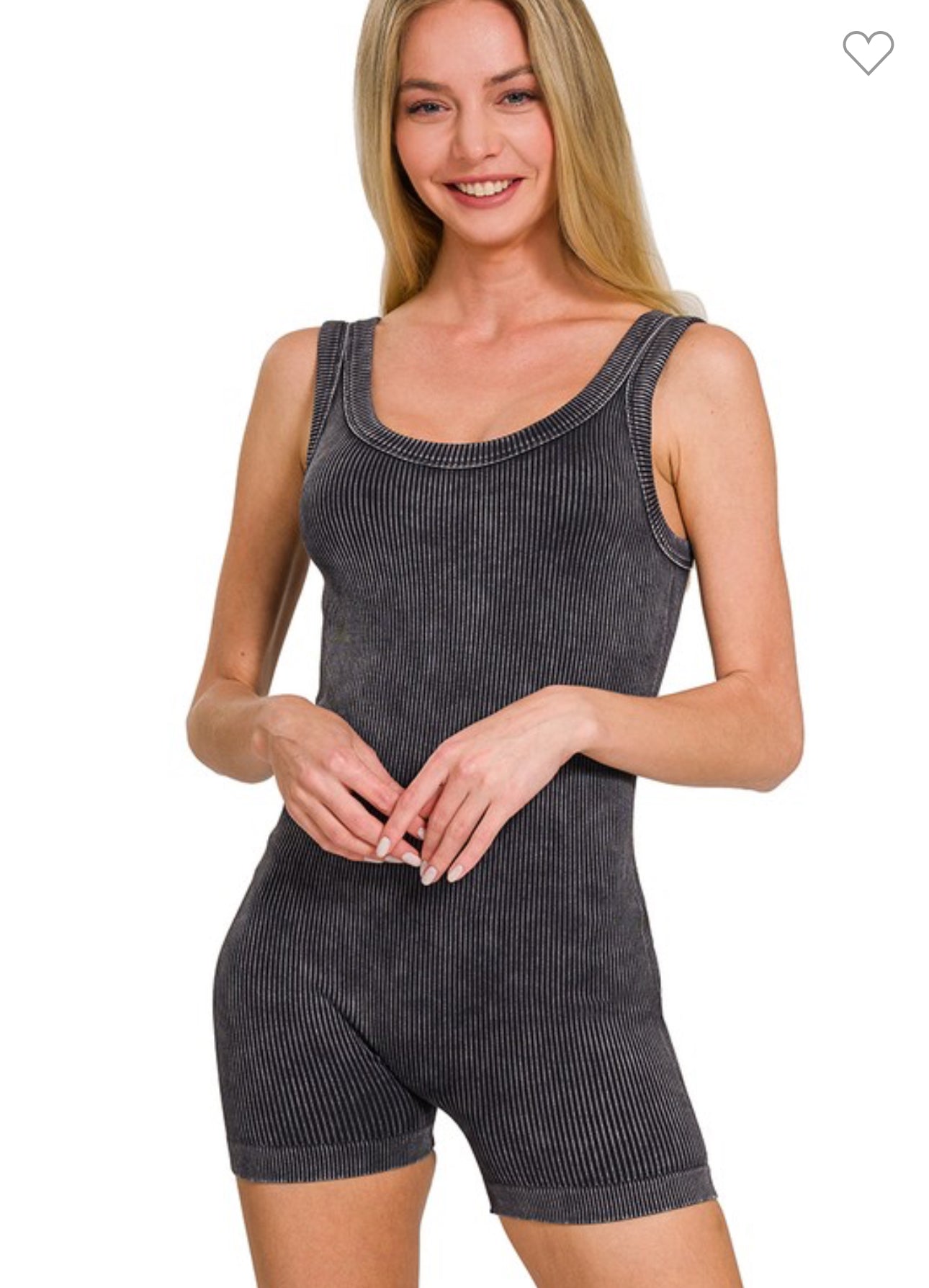 Ash Black Stone Washed Ribbed Seamless Athletic Romper