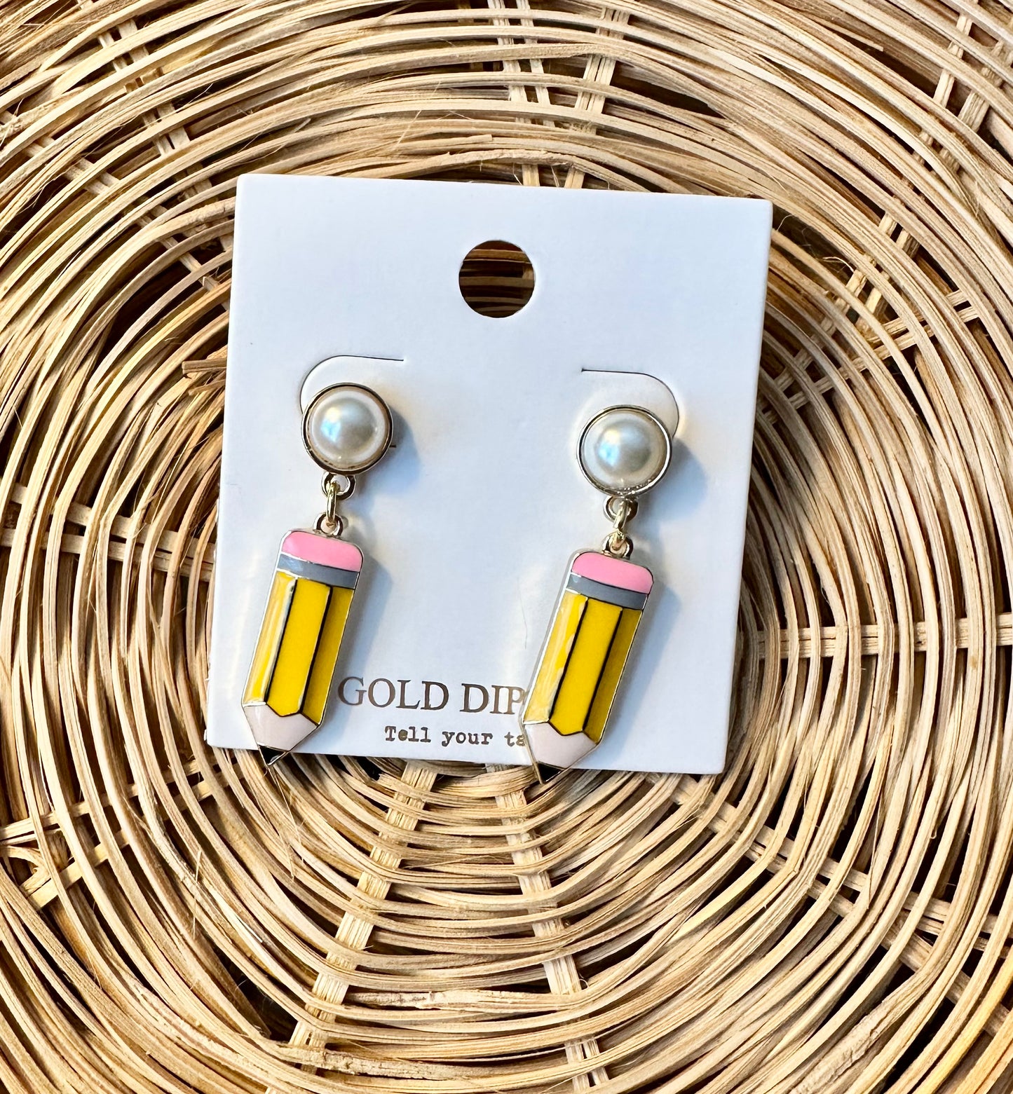 Teacher Enamel Pencil, Pearl Post Earrings