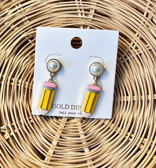 Teacher Enamel Pencil, Pearl Post Earrings