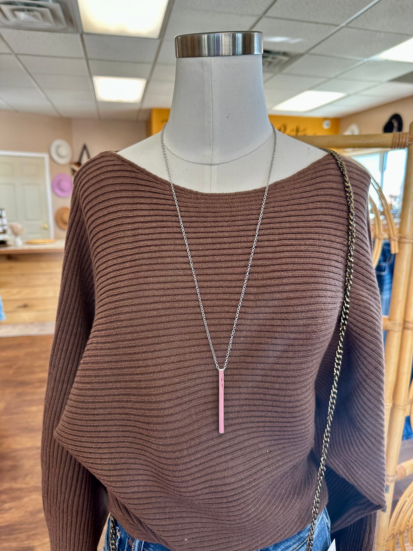Gold /Silver Long Chain Necklace Featuring a Metal Bar Pendant