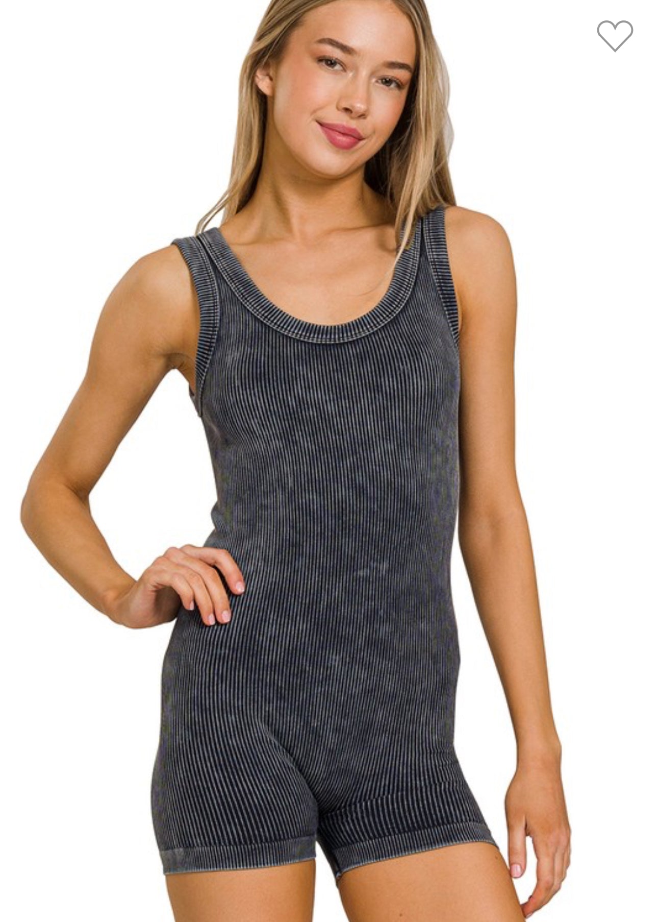 Ash Black Stone Washed Ribbed Seamless Athletic Romper