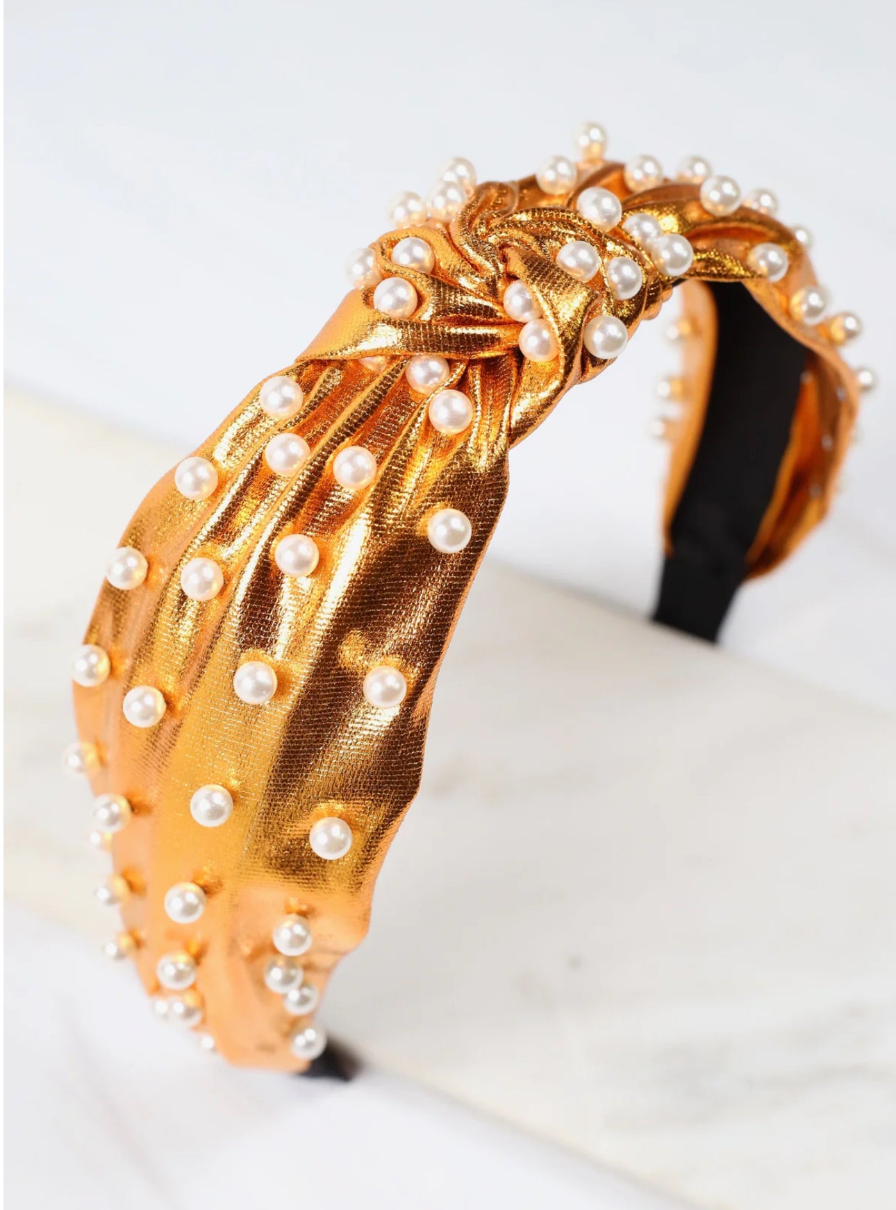 Abbie Metallic Orange Pearl Knotted Twist Headband