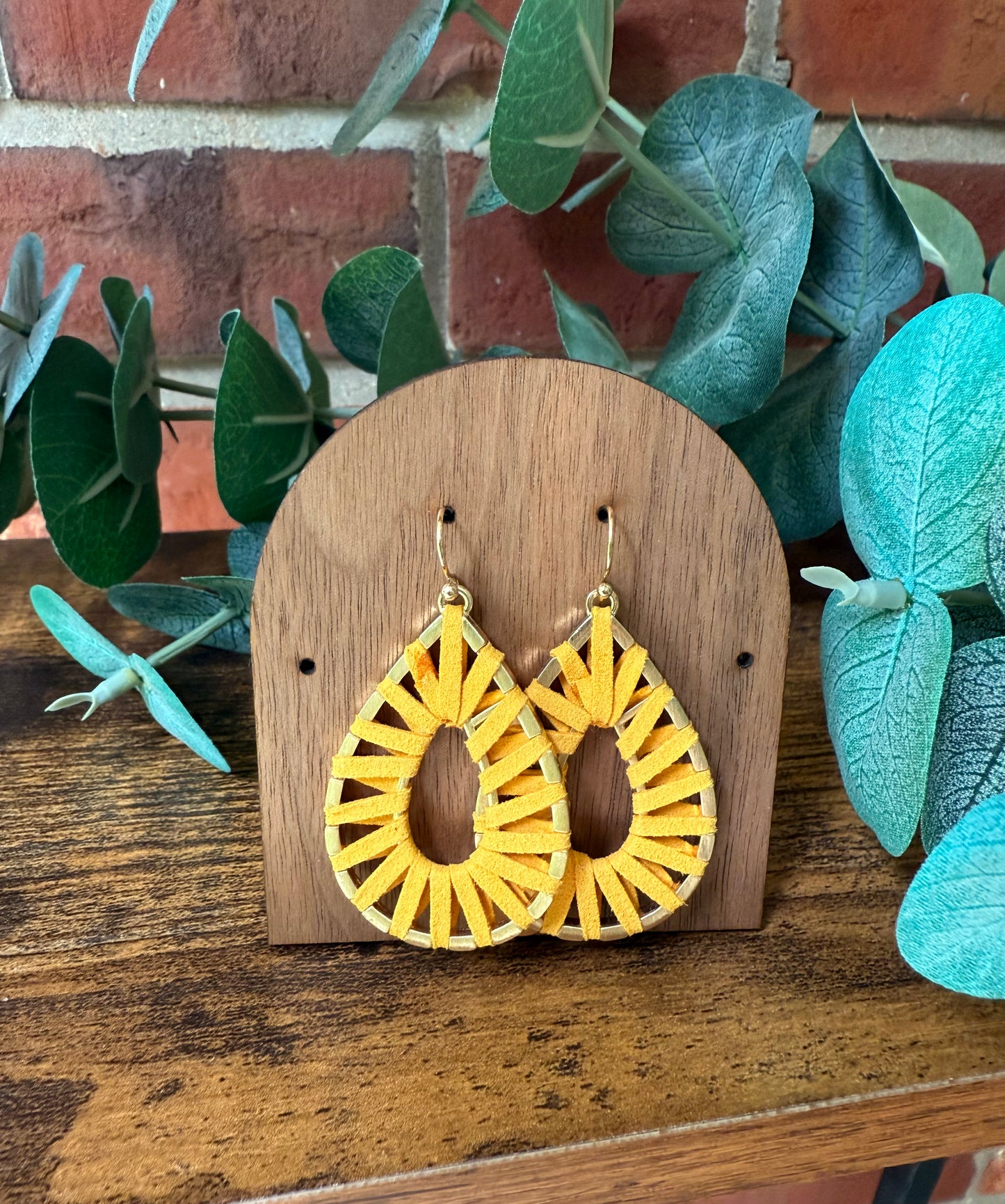 Mustard Yellow Vegan Leather Wrapped Teardrop Drop Earrings