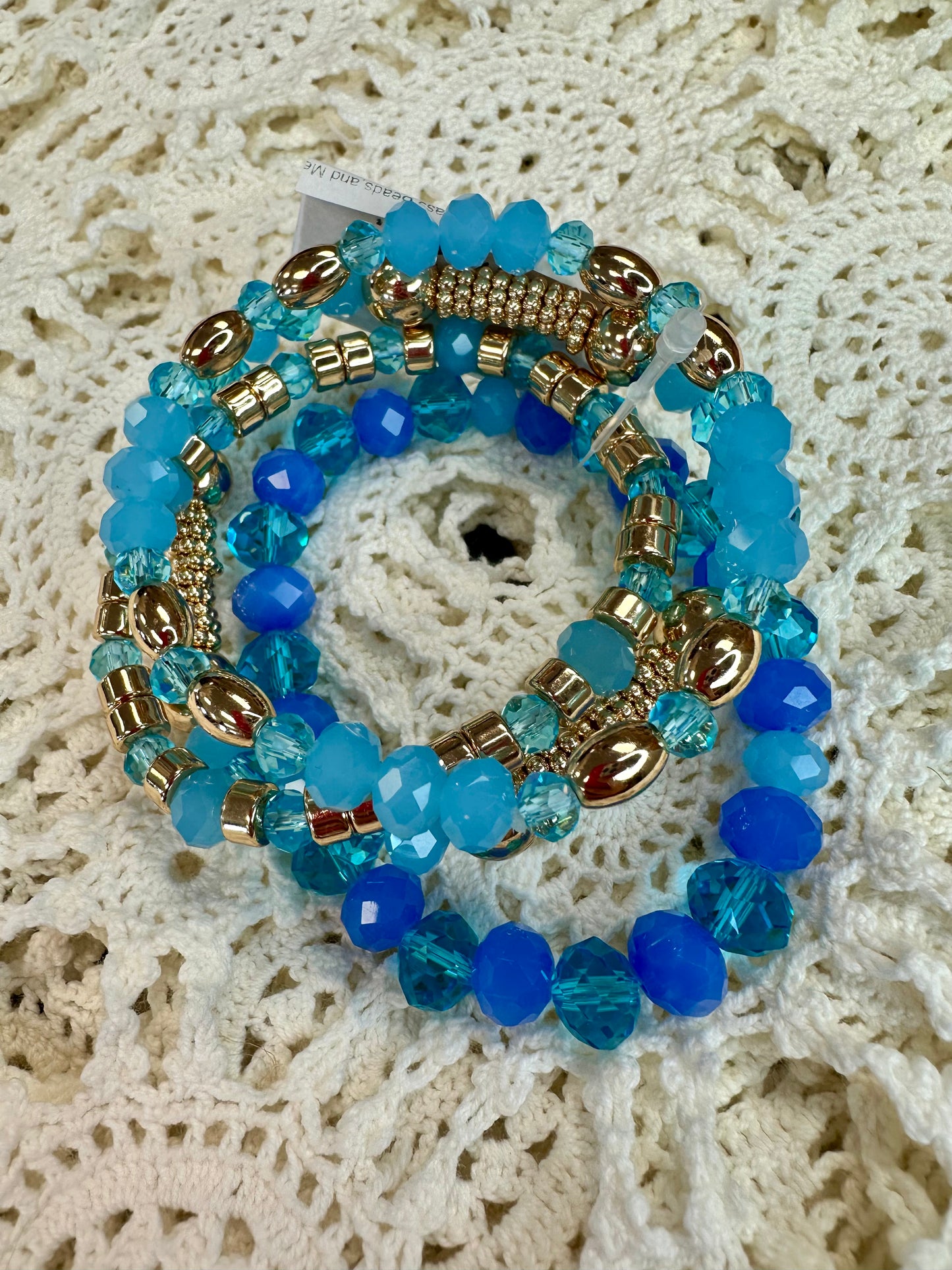 Bright Blue Faceted Glass Beads and Metal Tone Beaded Bracelets