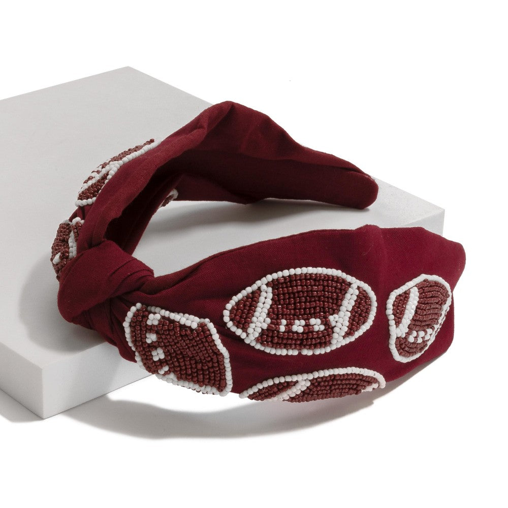 Dark Red Game Day Seed Beaded Footballs Knotted Headband