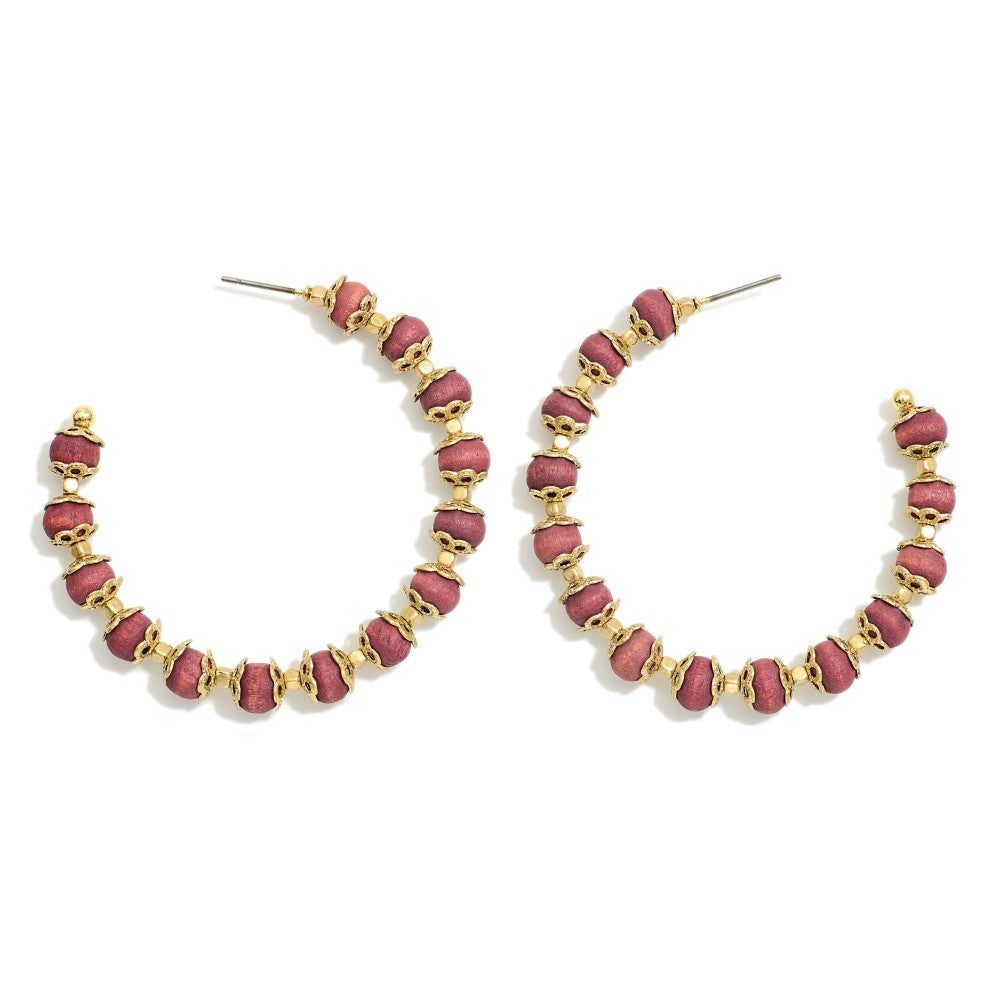 Brown/Mauve Gold Wood Beaded Hoop Earrings