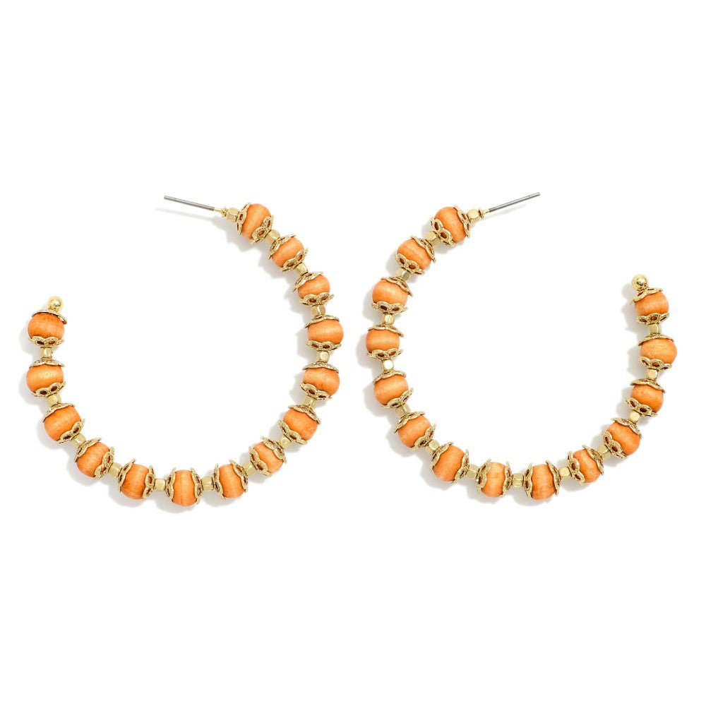 Brown/Mauve Gold Wood Beaded Hoop Earrings