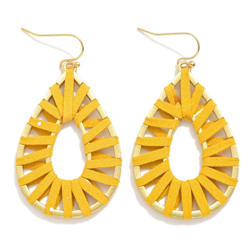 Mustard Yellow Vegan Leather Wrapped Teardrop Drop Earrings
