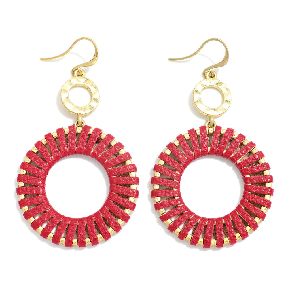 Gold/Red/Black Linked Hollow Metal Circle Wrapped Vegan Leather Drop Earrings