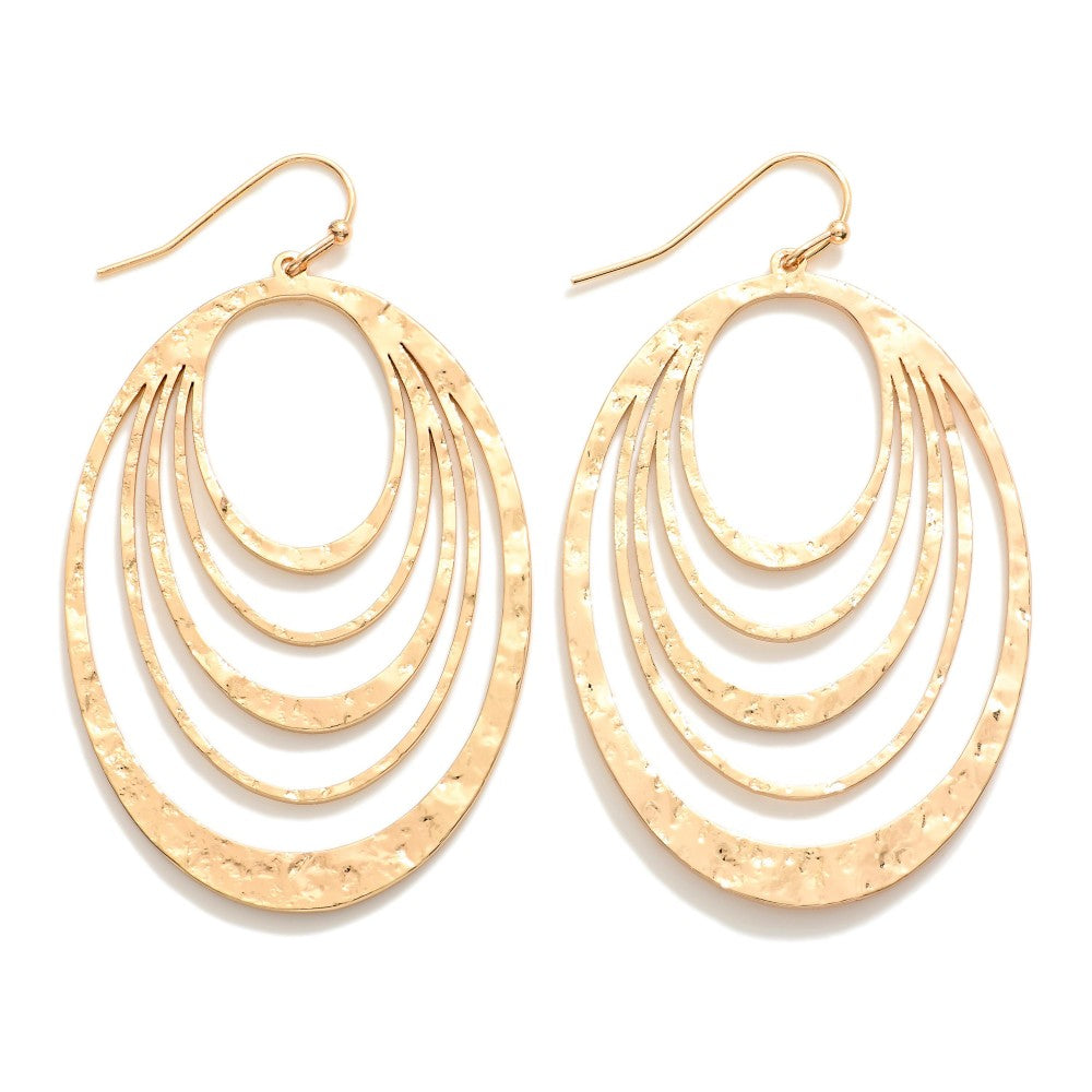 Gold/Silver Hammered Metal Tone Concentric Ovals Drop Earrings