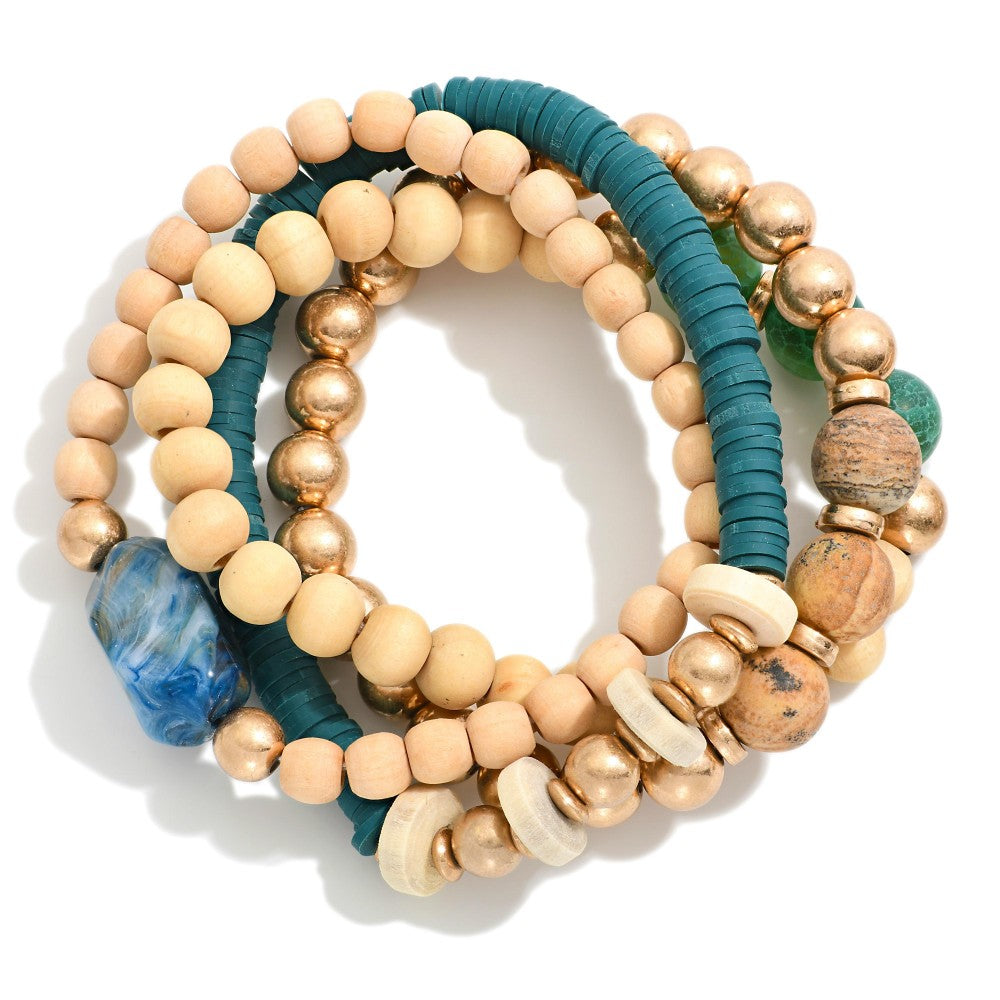 Gray/Teal Wood Natural Stone, and Heishi Beaded Stretch Bracelets