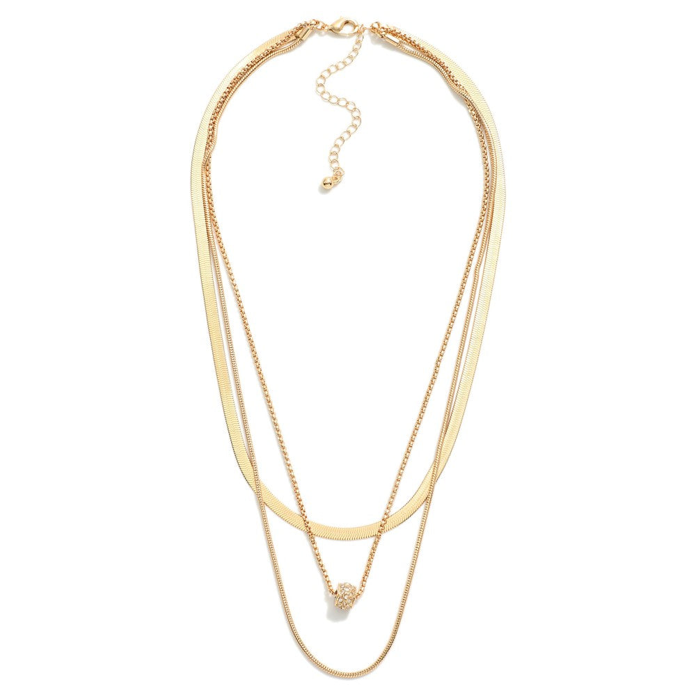 Silver/Gold Herringbone Chain, Snake Chain, & Rhinestone Studded Pendant Metal Tone Layered Chain Link Necklace Featuring