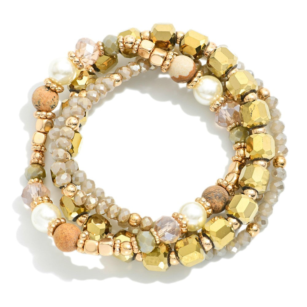 Brown Glass Beads and Pearl Beaded Stretch Bracelets
