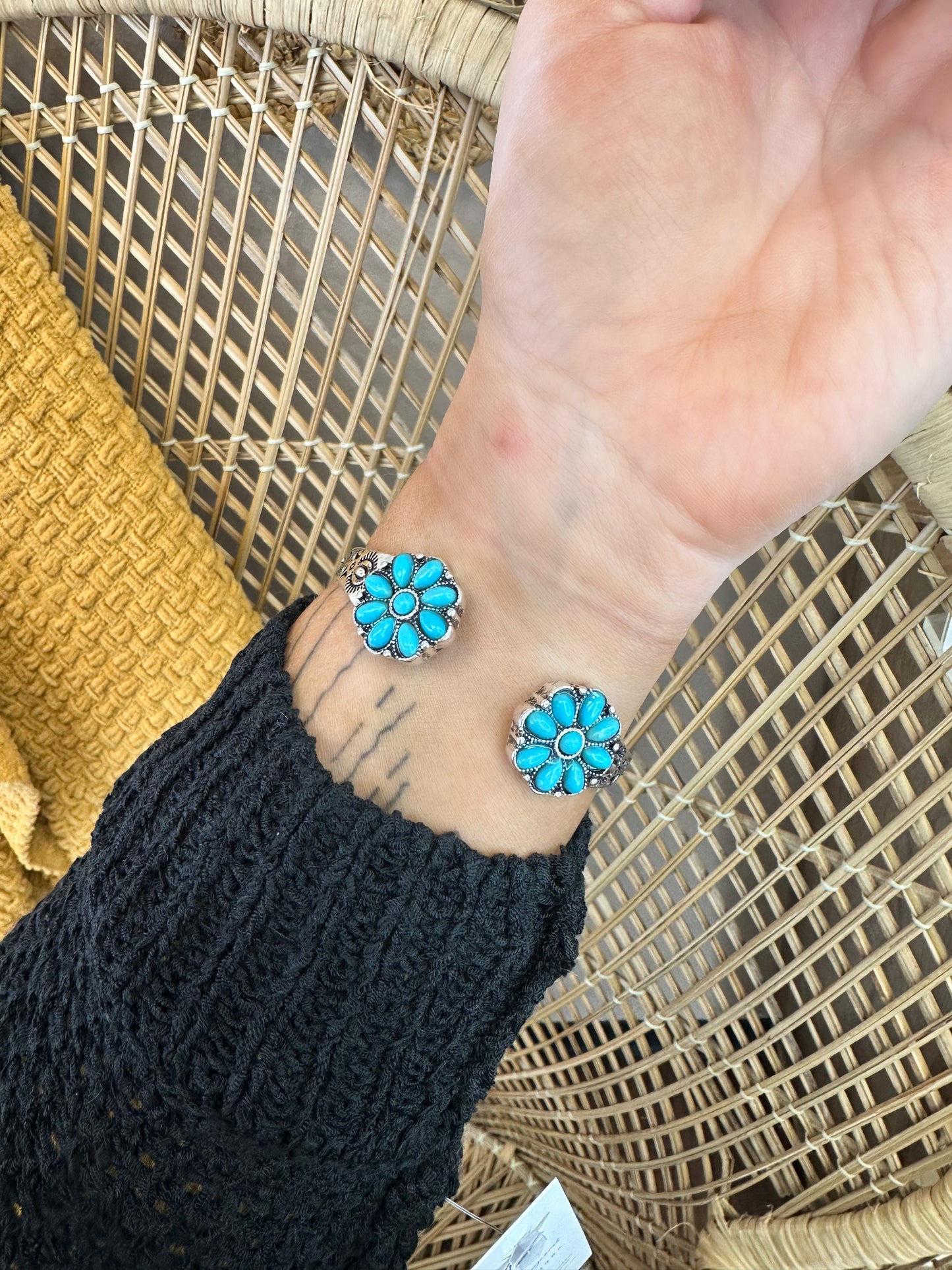 Blame It Silver Turquoise Western Aztec Concho Gemstone Flower Bracelet