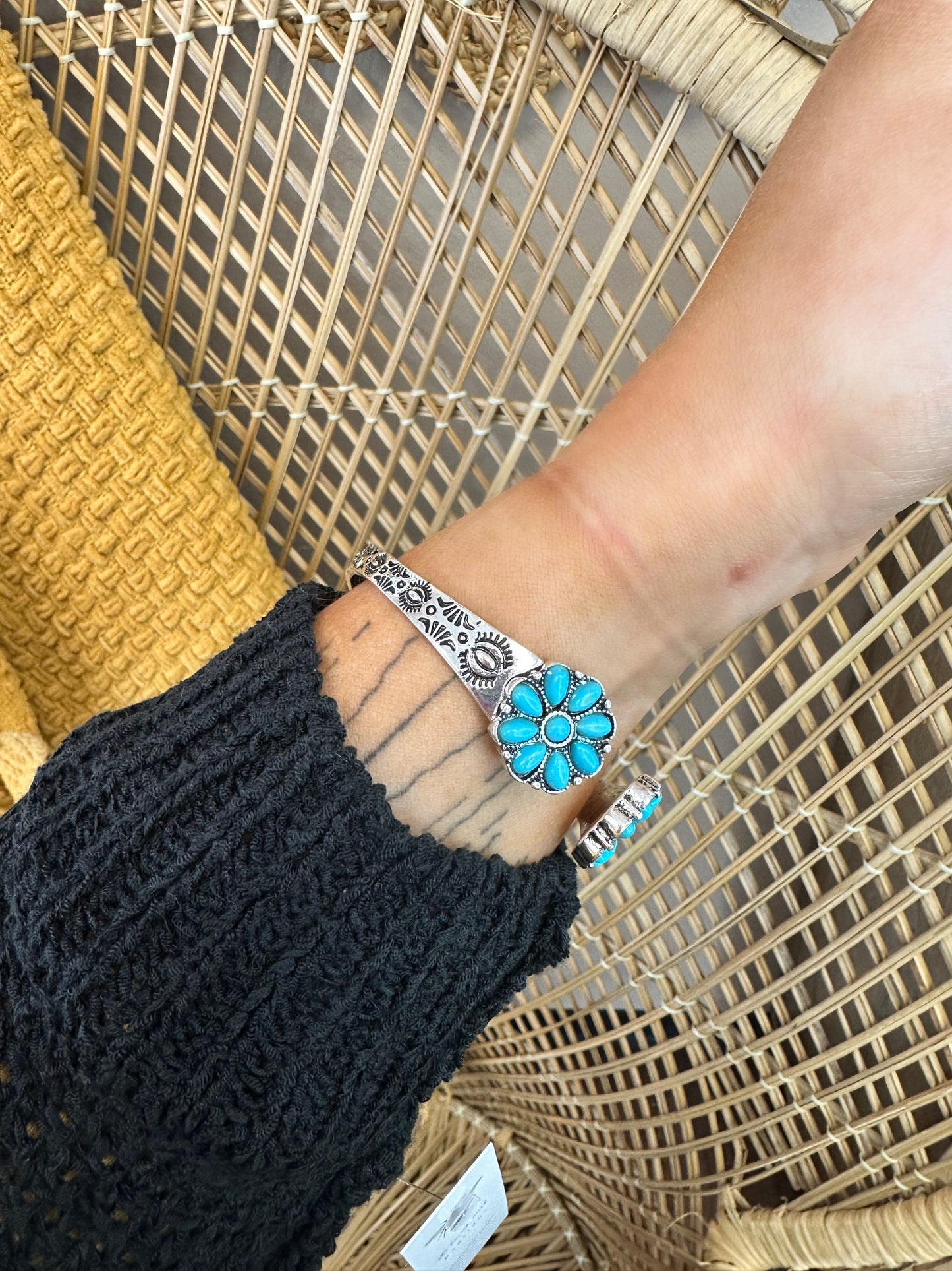 Blame It Silver Turquoise Western Aztec Concho Gemstone Flower Bracelet